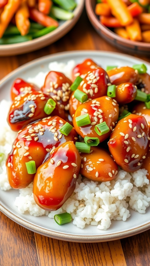 Honey sesame chicken on a plate with rice and vegetables, garnished with sesame seeds and green onions.